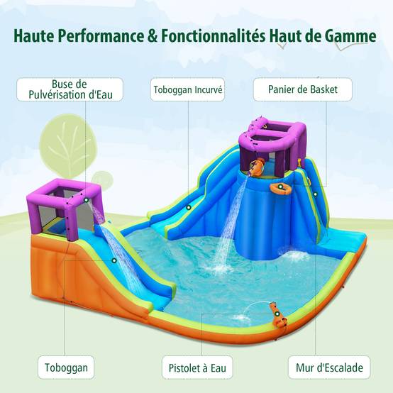 Structure Gonflable, Double Toboggan Aquatique avec 4 Arroseurs et 2 Pistolets à Eau et Piscine à Éclaboussures, avec Mur d'Escalade - Image 3