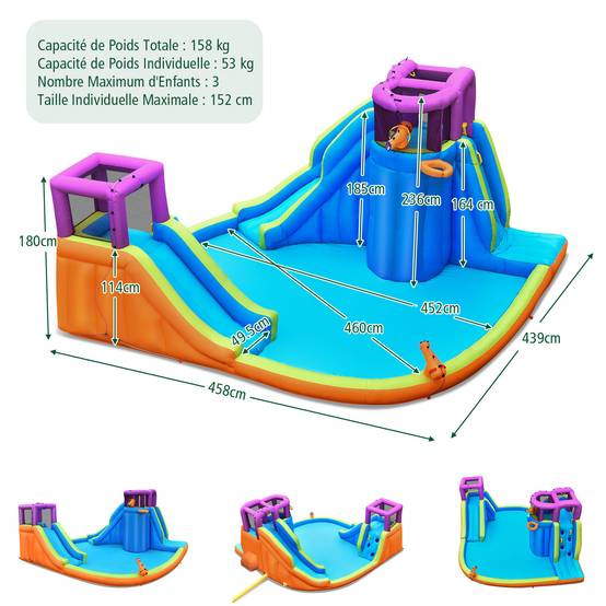 Structure Gonflable, Double Toboggan Aquatique avec 4 Arroseurs et 2 Pistolets à Eau et Piscine à Éclaboussures, avec Mur d'Escalade - Image 2