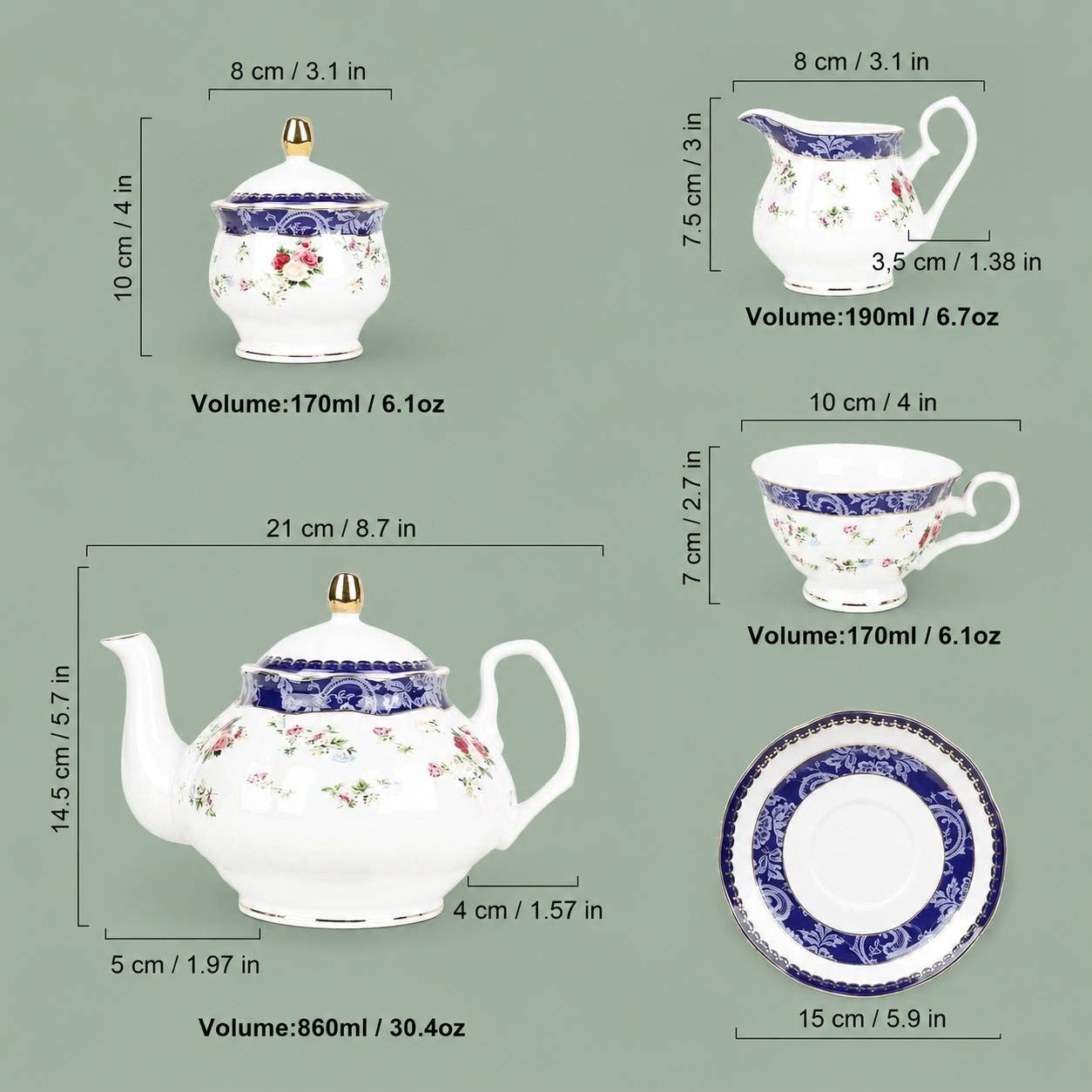 Service à Thé en Porcelaine pour 6 Personnes Motif Rose Bleu et Doré - Image 6