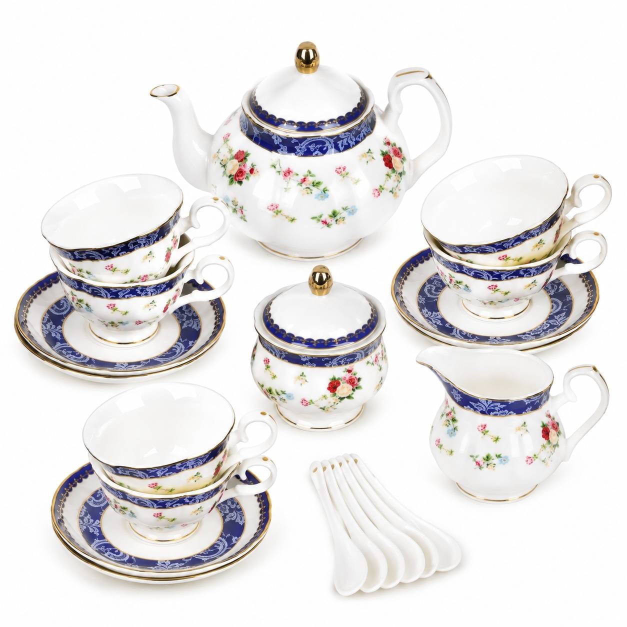 Service à Thé en Porcelaine pour 6 Personnes Motif Rose Bleu et Doré - Image 1