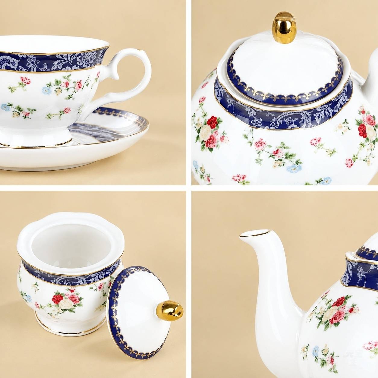 Service à Thé en Porcelaine pour 6 Personnes Motif Rose Bleu et Doré - Image 3