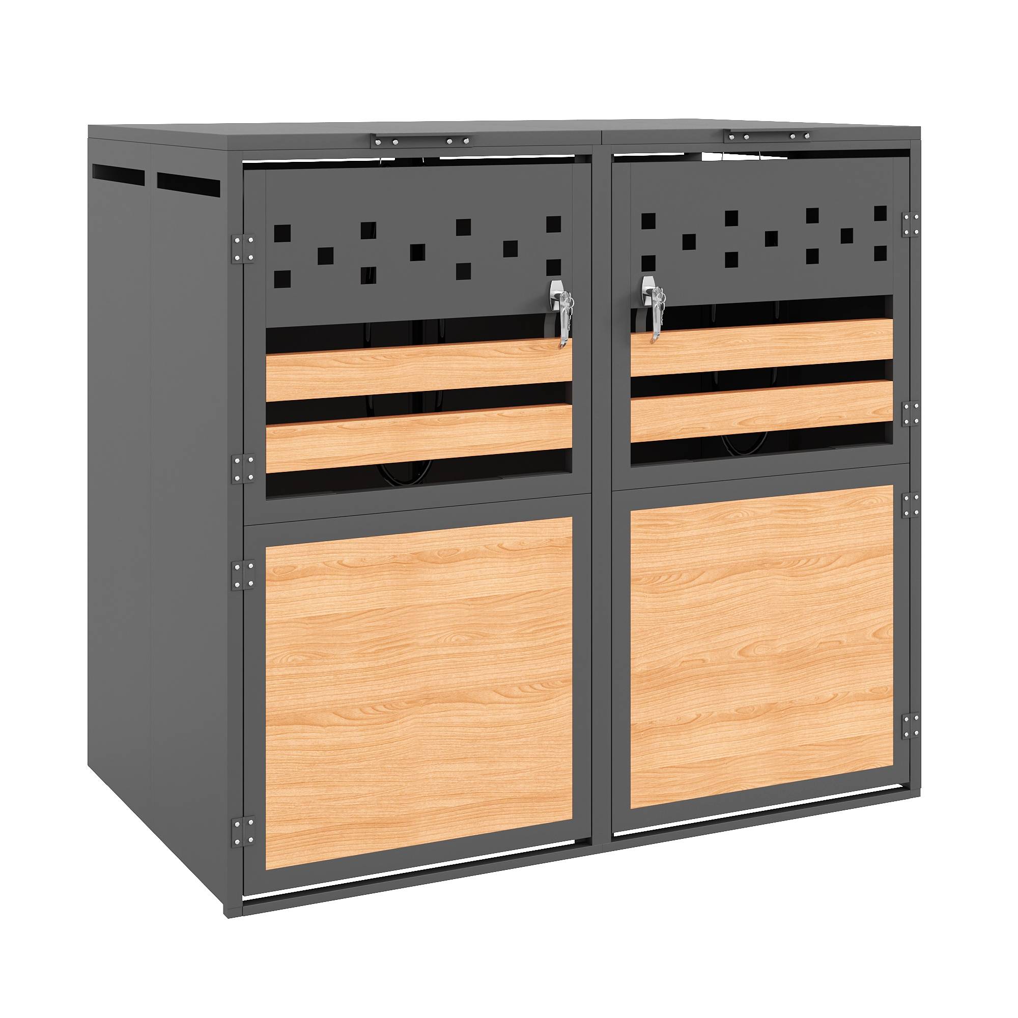 Cache-poubelle double acier galvanisé extérieur couvercle hydraulique 132x80x120cm gris bois - ComfortXL Outdoor Living - Image 2