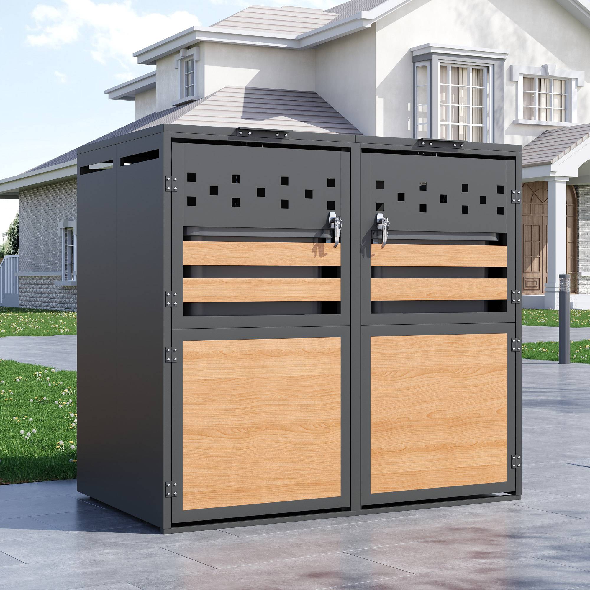 Cache-poubelle double acier galvanisé extérieur couvercle hydraulique 132x80x120cm gris bois - ComfortXL Outdoor Living - Image 1