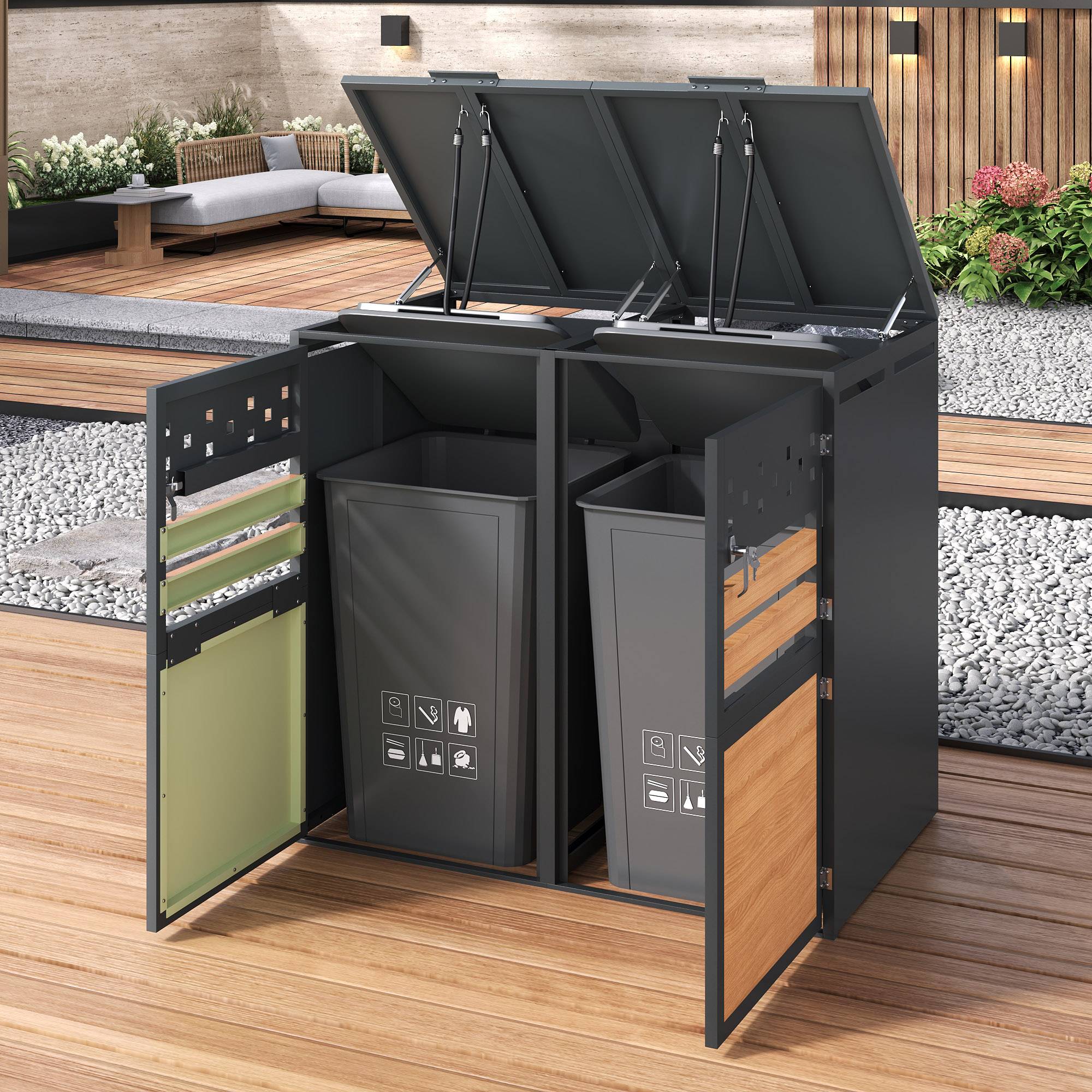 Cache-poubelle double acier galvanisé extérieur couvercle hydraulique 132x80x120cm gris bois - ComfortXL Outdoor Living - Image 4