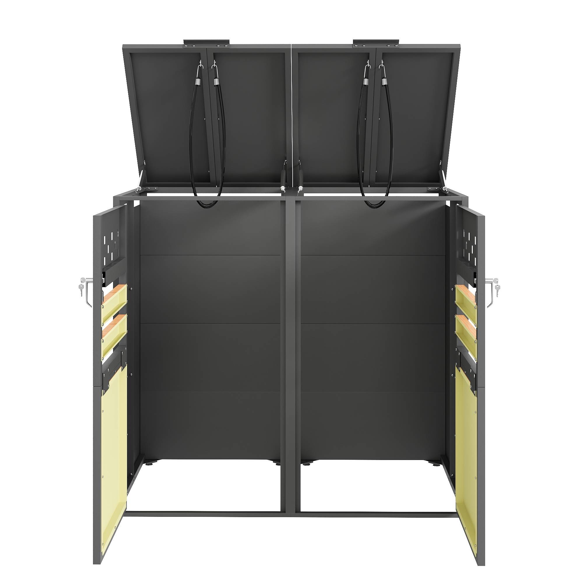Cache-poubelle double acier galvanisé extérieur couvercle hydraulique 132x80x120cm gris bois - ComfortXL Outdoor Living - Image 6