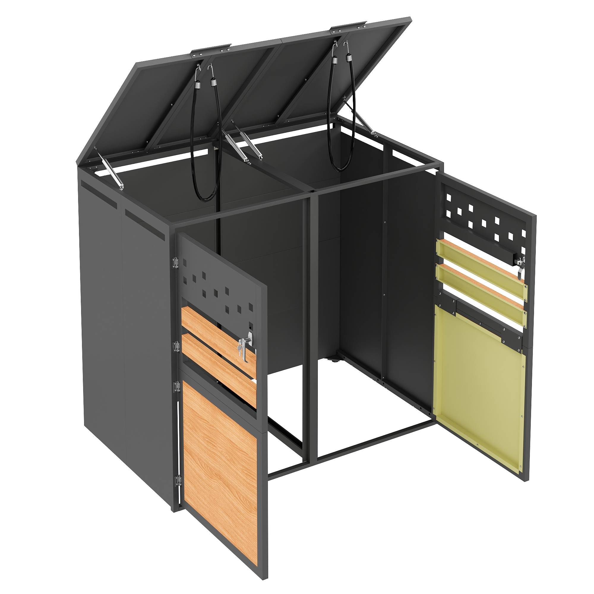 Cache-poubelle double acier galvanisé extérieur couvercle hydraulique 132x80x120cm gris bois - ComfortXL Outdoor Living - Image 7
