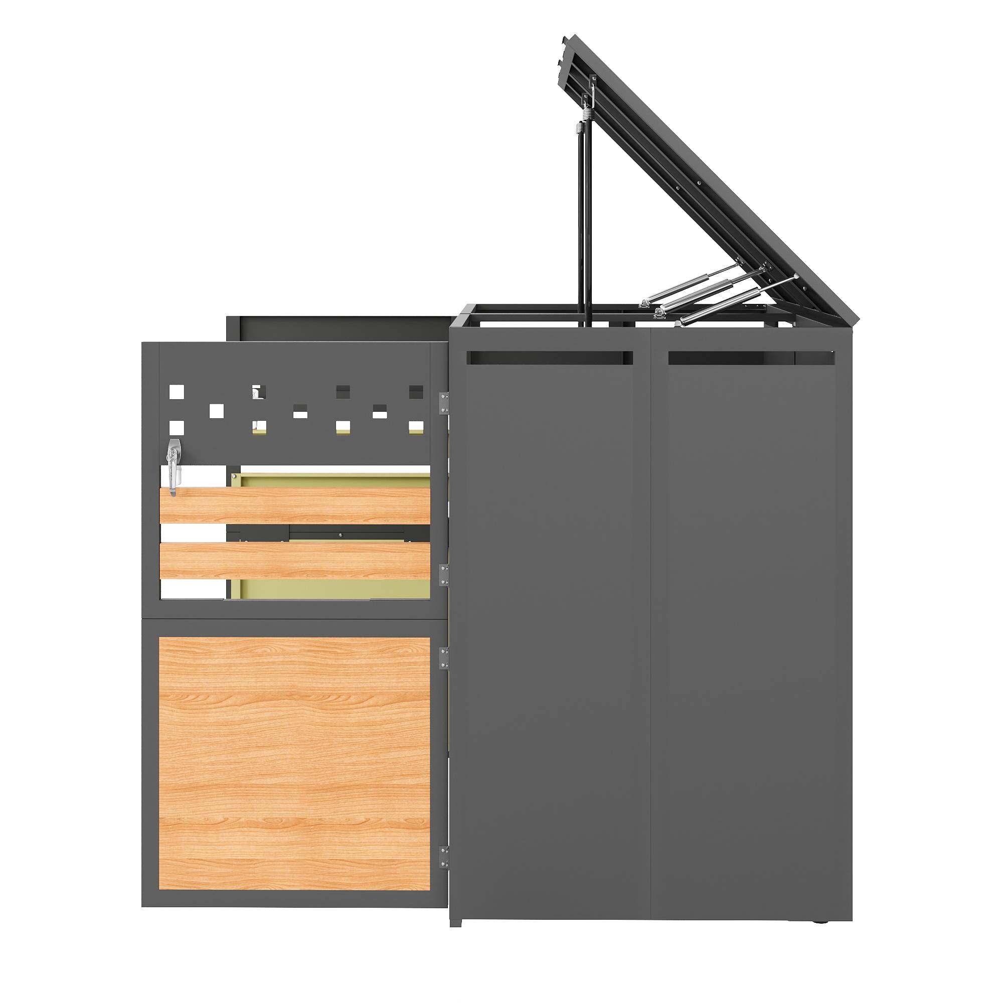 Cache-poubelle double acier galvanisé extérieur couvercle hydraulique 132x80x120cm gris bois - ComfortXL Outdoor Living - Image 5