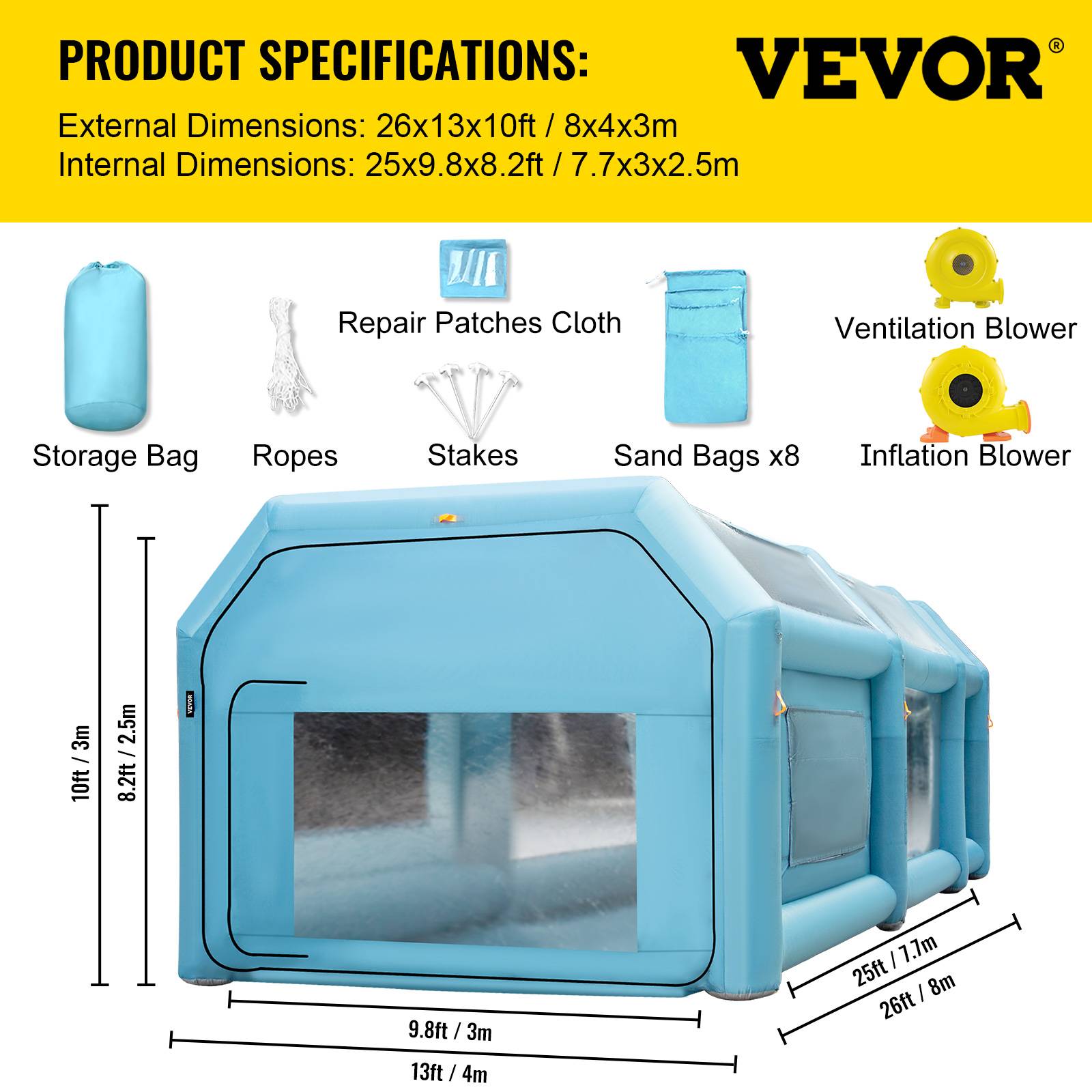 Vevor - VEVOR Cabine Peinture Voiture 8x4x3m, Tente Gonflable Oxford 210D, Souffleurs 950W+330W, pour atelier/camping. - Image 7