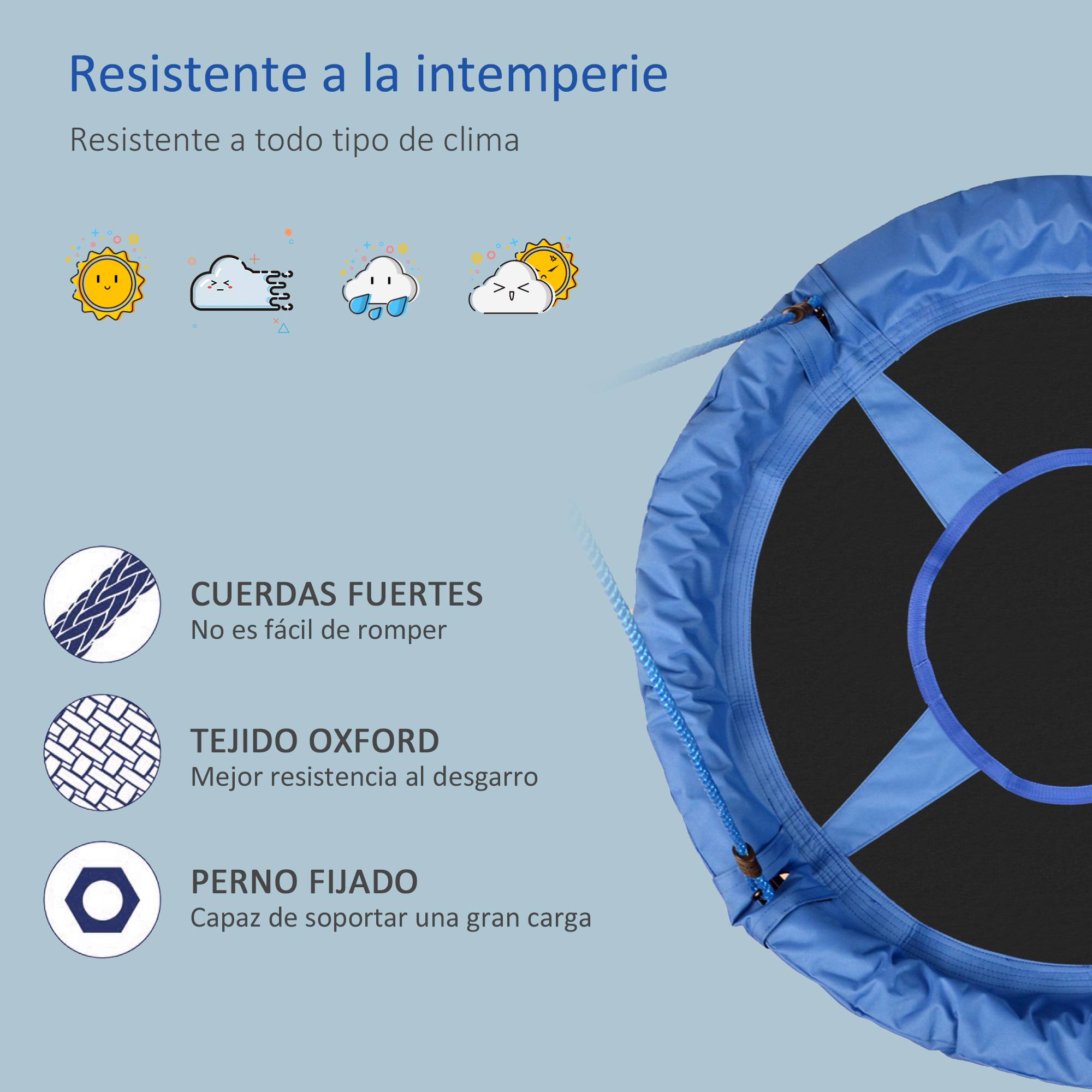 Balançoire nid ronde pour arbre dès 3 ans, charge 100 kg, intérieur extérieur, Ø100×180 cm, bleue, solide et confortable - Image 4