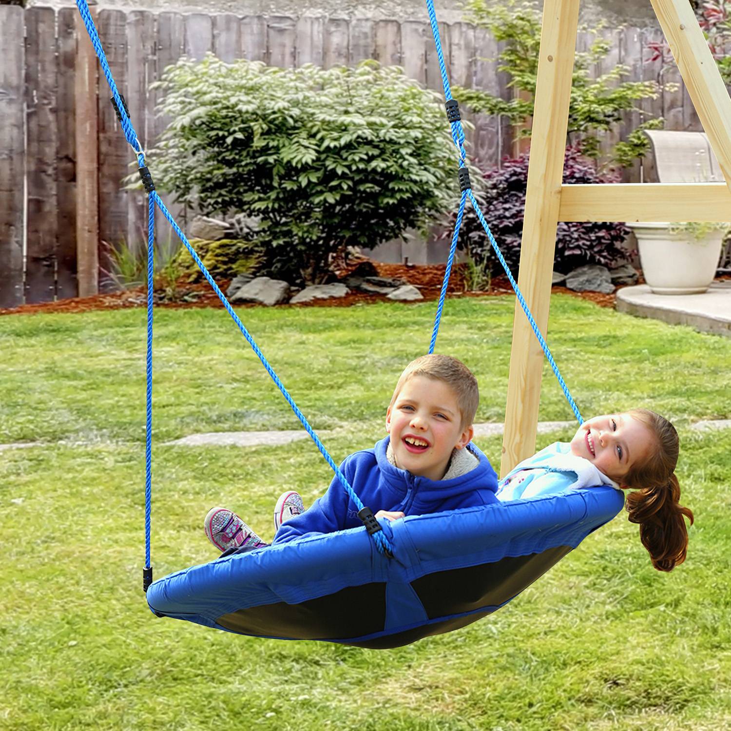 Balançoire nid ronde pour arbre dès 3 ans, charge 100 kg, intérieur extérieur, Ø100×180 cm, bleue, solide et confortable - Image 1