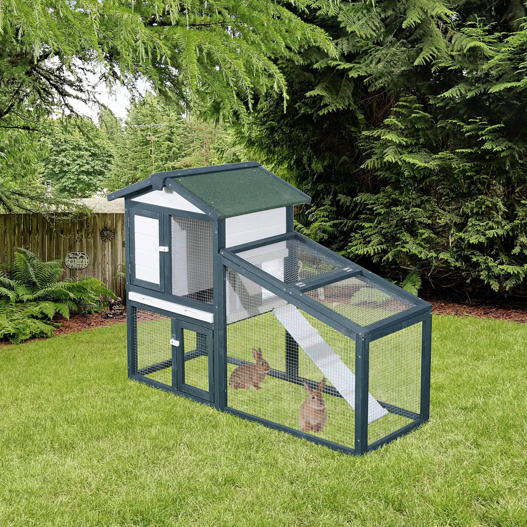 Clapier lapin rongeurs bois extérieur espace clos double porte vert 140x65x100cm - ComfortXL Outdoor Living - Image 3