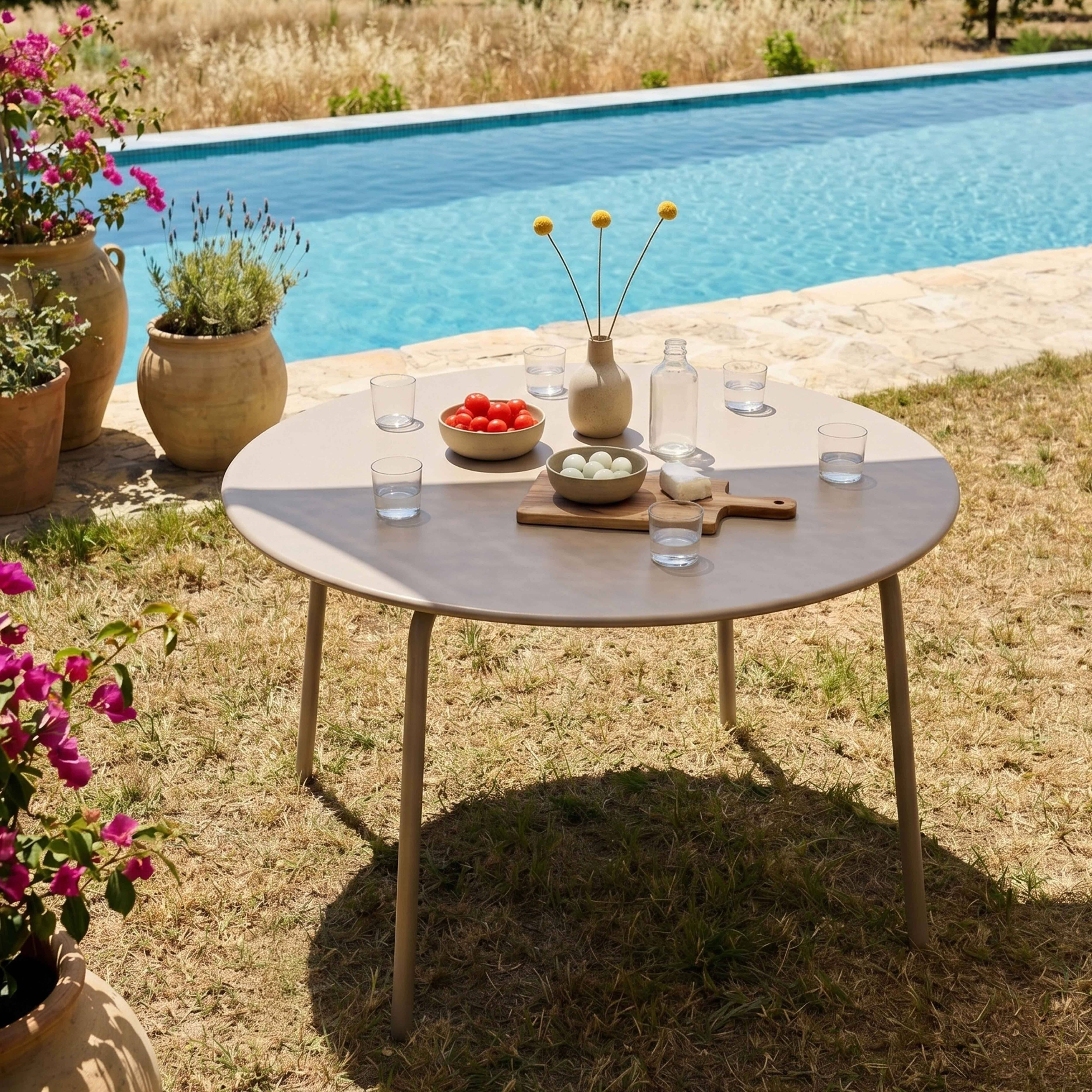 Oviala - Ensemble table de jardin ronde et 6 fauteuils acier taupe Palavas - Oviala - Imagen 3