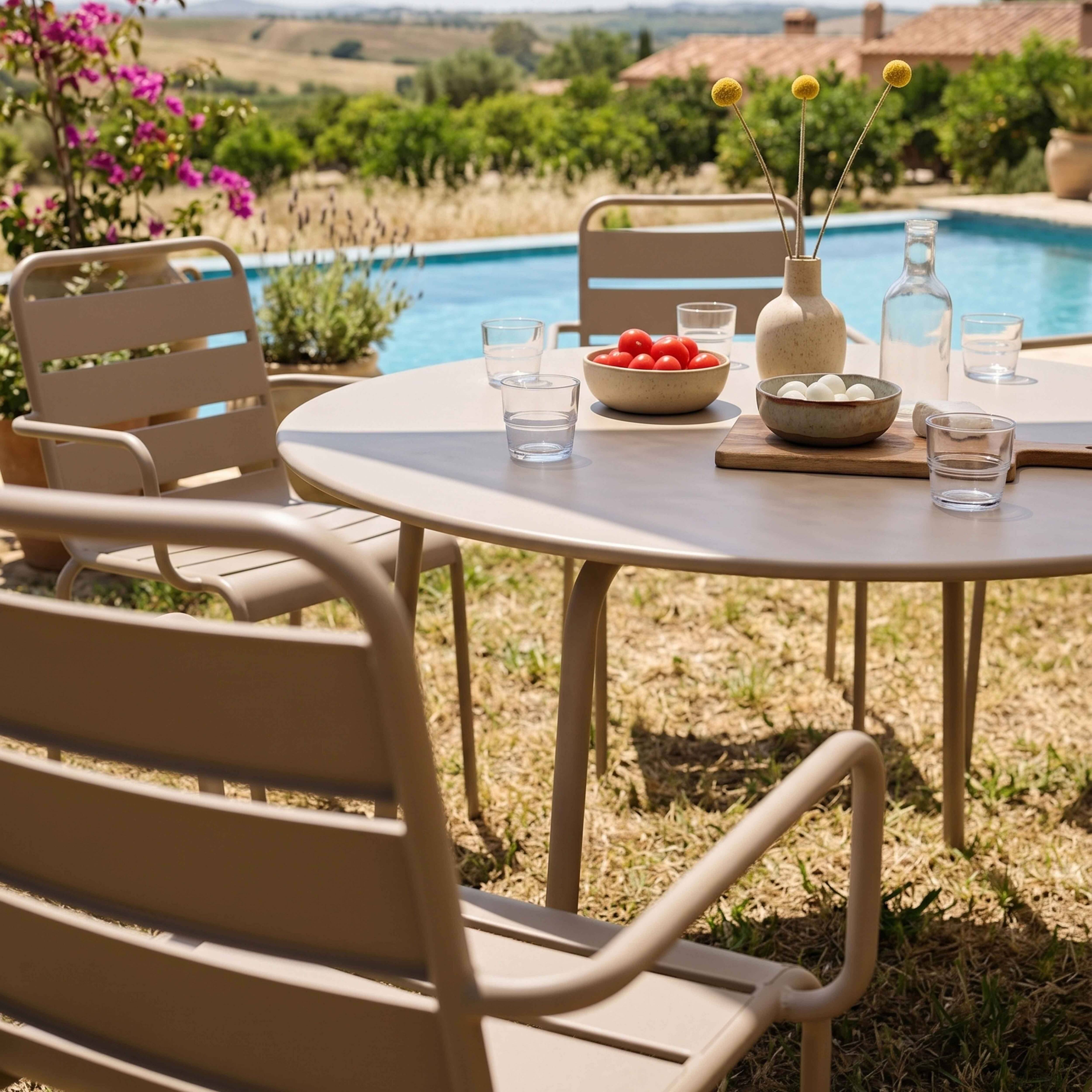 Oviala - Ensemble table de jardin ronde et 6 fauteuils acier taupe Palavas - Oviala - Imagen 4