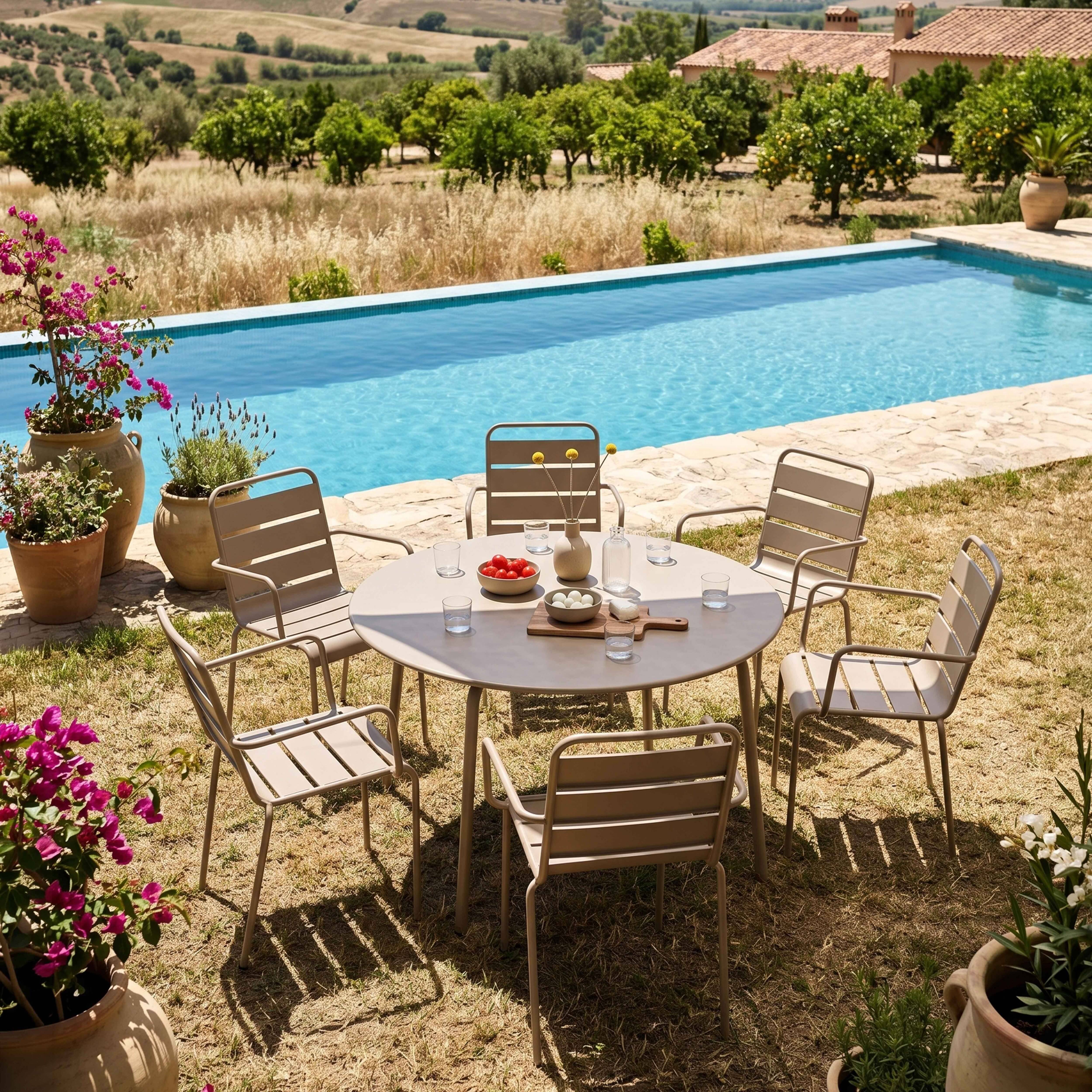 Oviala - Ensemble table de jardin ronde et 6 fauteuils acier taupe Palavas - Oviala - Imagen 2