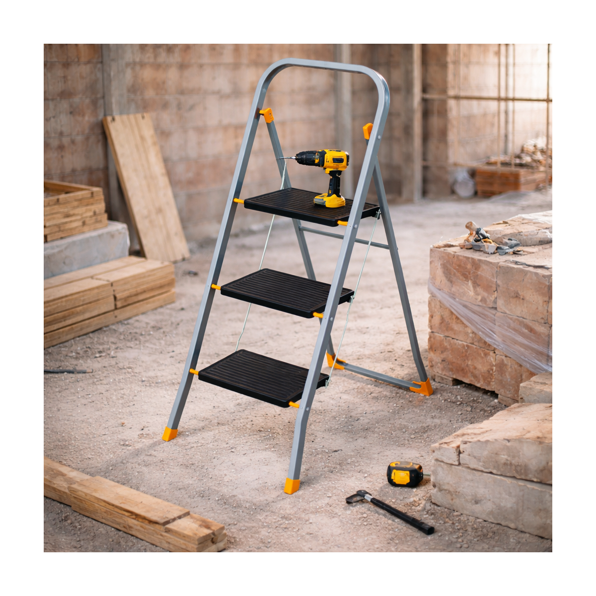 Escabeau 3 marches pliable Charge 150kg Marche pied anti-dérapant Bricolage Maison Chantier INTEC - Image 4