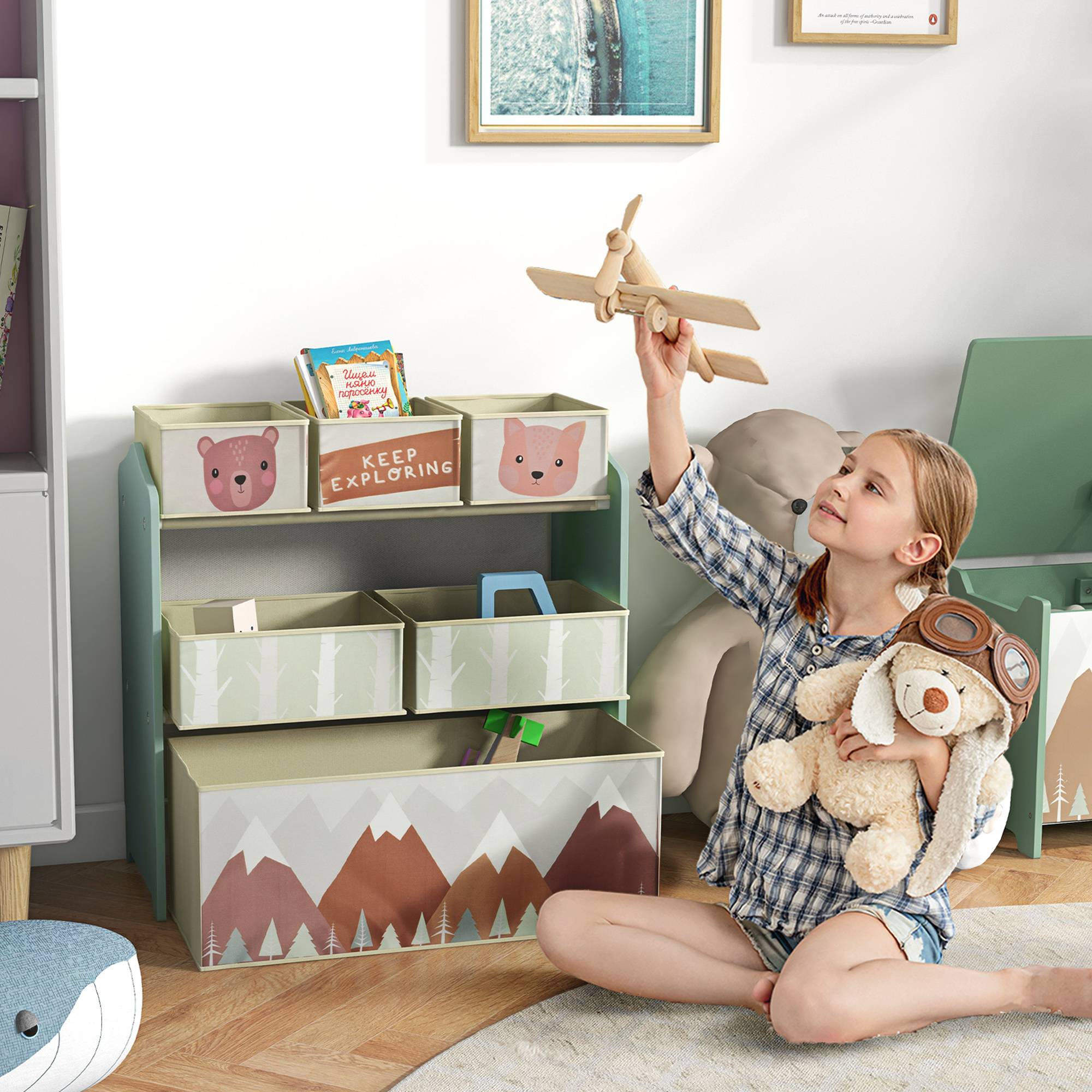 Rangement pour jouets d'enfants, étagère à jouets avec 6 bacs amovibles en tissu non tissé, 63 x 30 x 66 cm, vert - Image 3