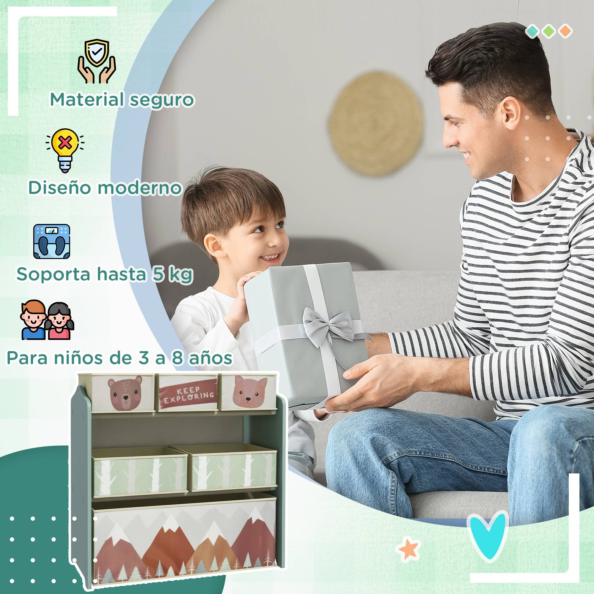 Rangement pour jouets d'enfants, étagère à jouets avec 6 bacs amovibles en tissu non tissé, 63 x 30 x 66 cm, vert - Image 9