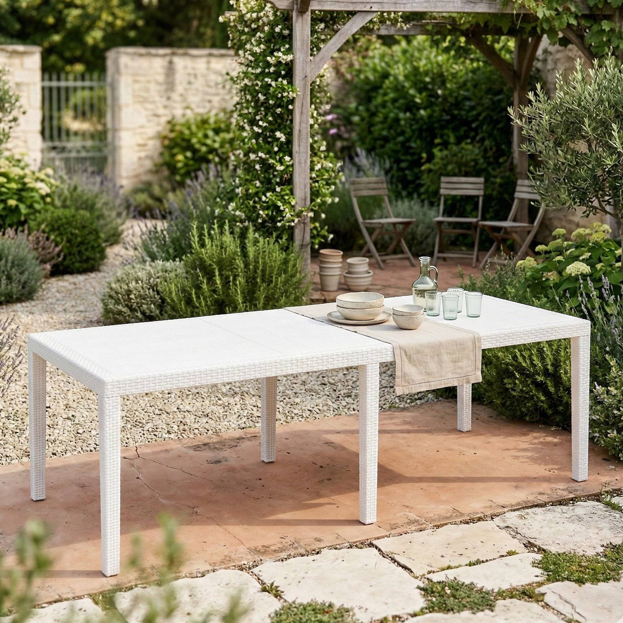 Dmora - Table d'extérieur Roma, Etagère à manger rectangulaire extensible, Table de jardin extensible effet rotin, 150/220x90h72 cm, Blanc - Dmora - Imagen 2