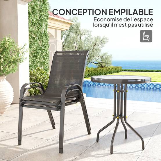 Salon de jardin 3 pièces acier balcon terrasse fauteuils empilables noir - ComfortXL Outdoor Living - Image 7