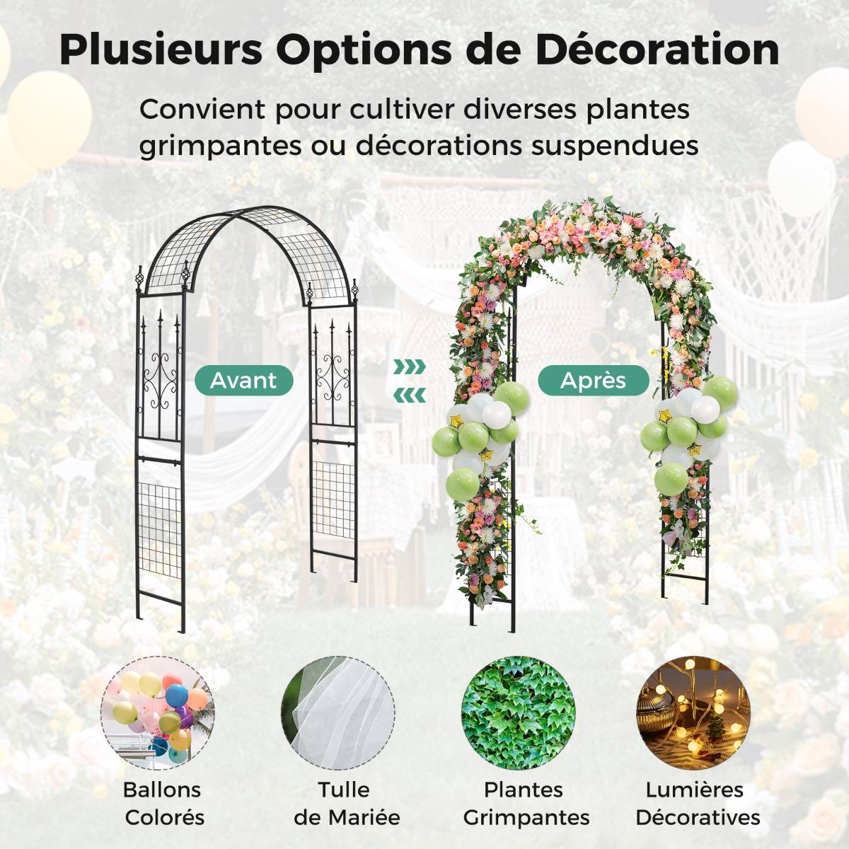 Arche de Jardin Treillis de Jardin Moderne en Métal pour Plantes Grimpantes avec Toit Élégant Décorative - 143 x 40 x 234 cm Noir - Image 8