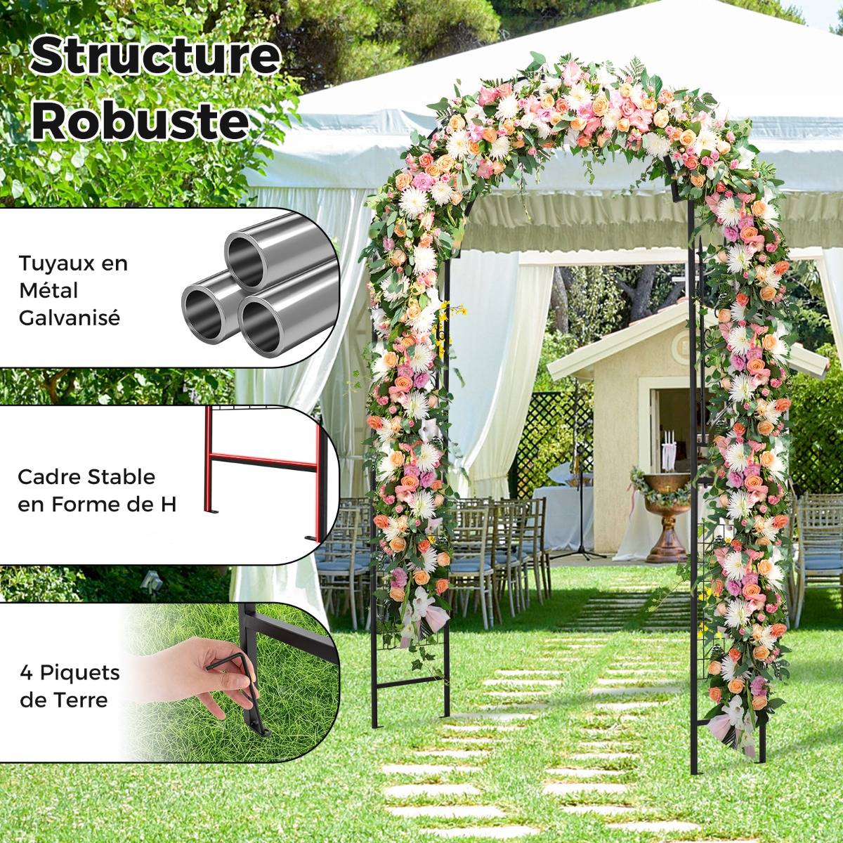 Arche de Jardin Treillis de Jardin Moderne en Métal pour Plantes Grimpantes avec Toit Élégant Décorative - 143 x 40 x 234 cm Noir - Image 7
