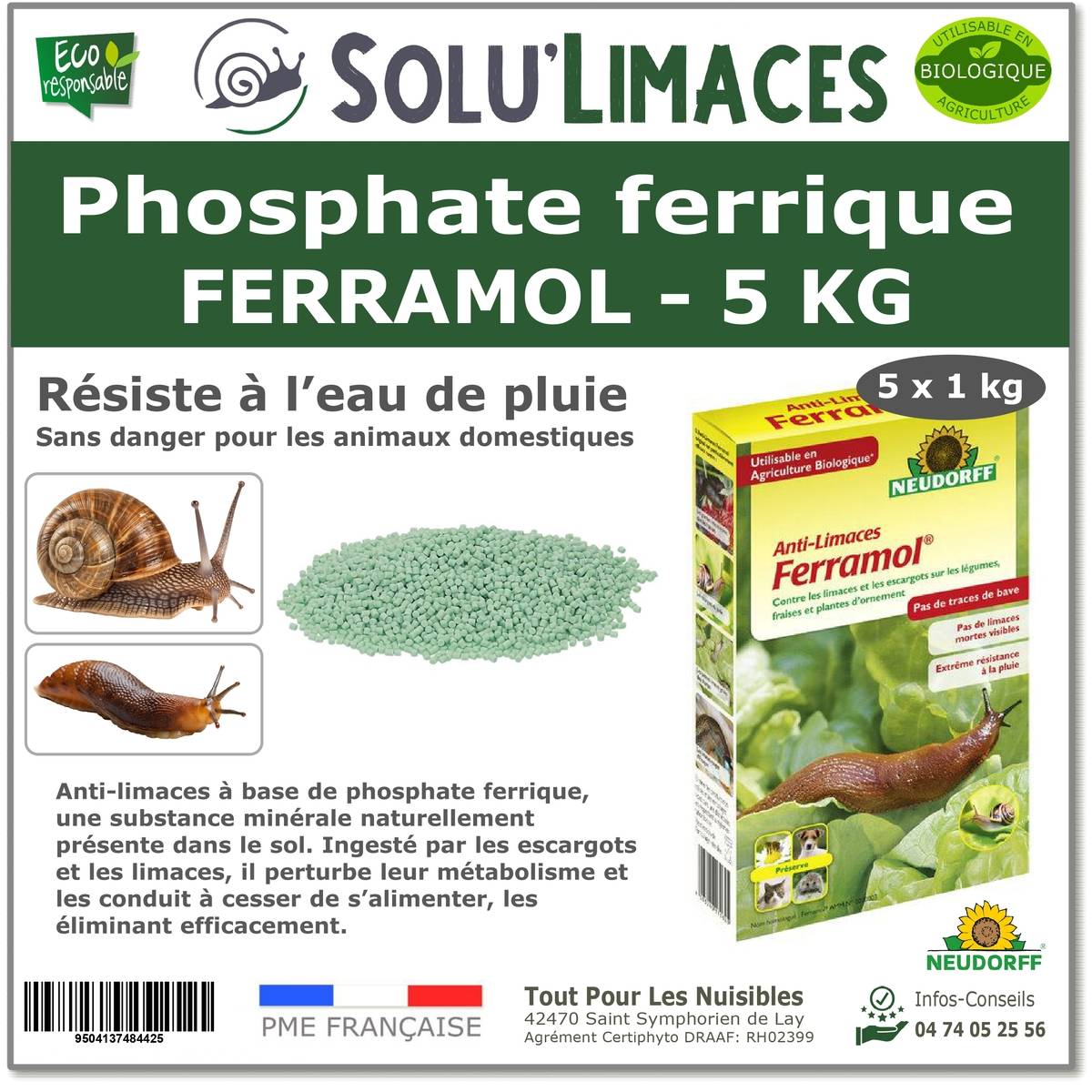 Ferramol Neudorff - Anti-limaces et escargots - 5 Cartons avec bec verseur de 1kg