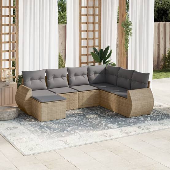 Salon de Jardin Beige 7 Pièces en Résine Tressée Modulable Coussins Gris Clair – ComfortXL Outdoor Living - Image 1