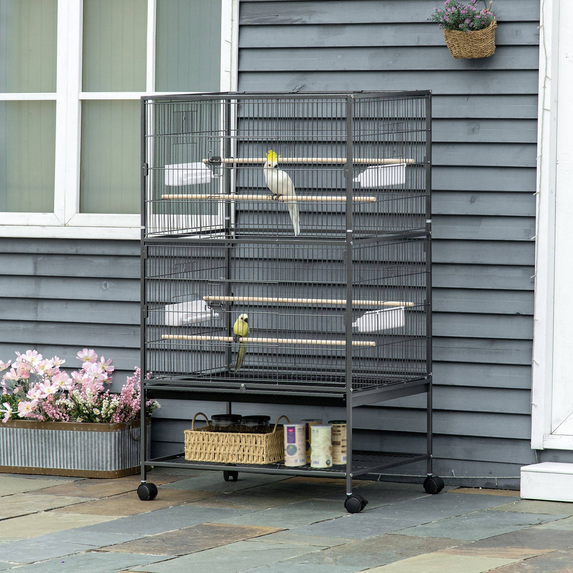 Cage à oiseaux sur roulettes 78x52x132 cm, plateau extractible et étagère, pour canaris et perruches, gris foncé - Image 3