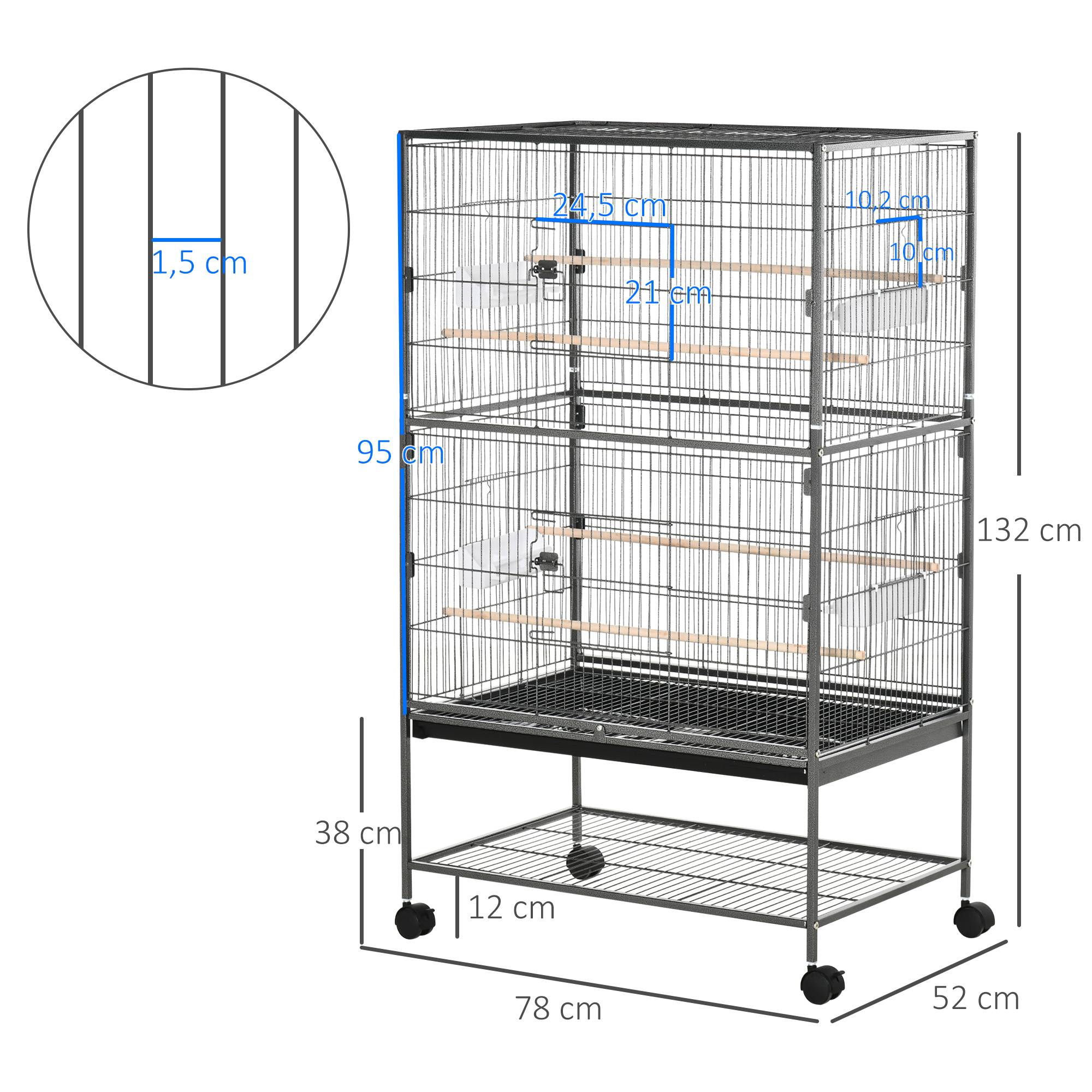 Cage à oiseaux sur roulettes 78x52x132 cm, plateau extractible et étagère, pour canaris et perruches, gris foncé - Image 5