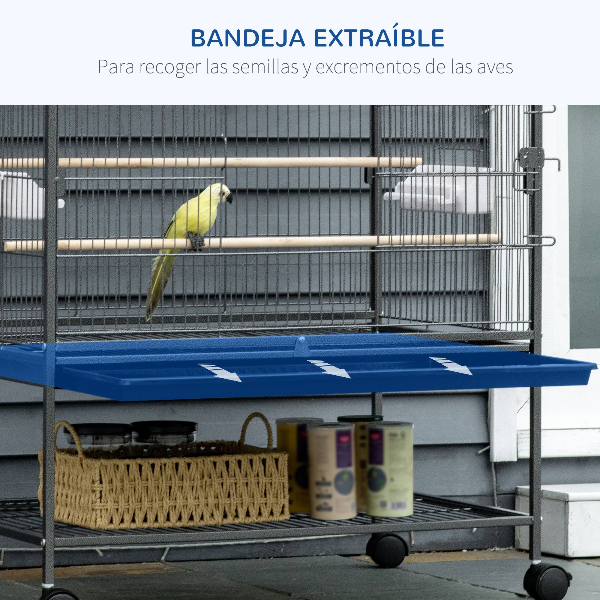 Cage à oiseaux sur roulettes 78x52x132 cm, plateau extractible et étagère, pour canaris et perruches, gris foncé - Image 6