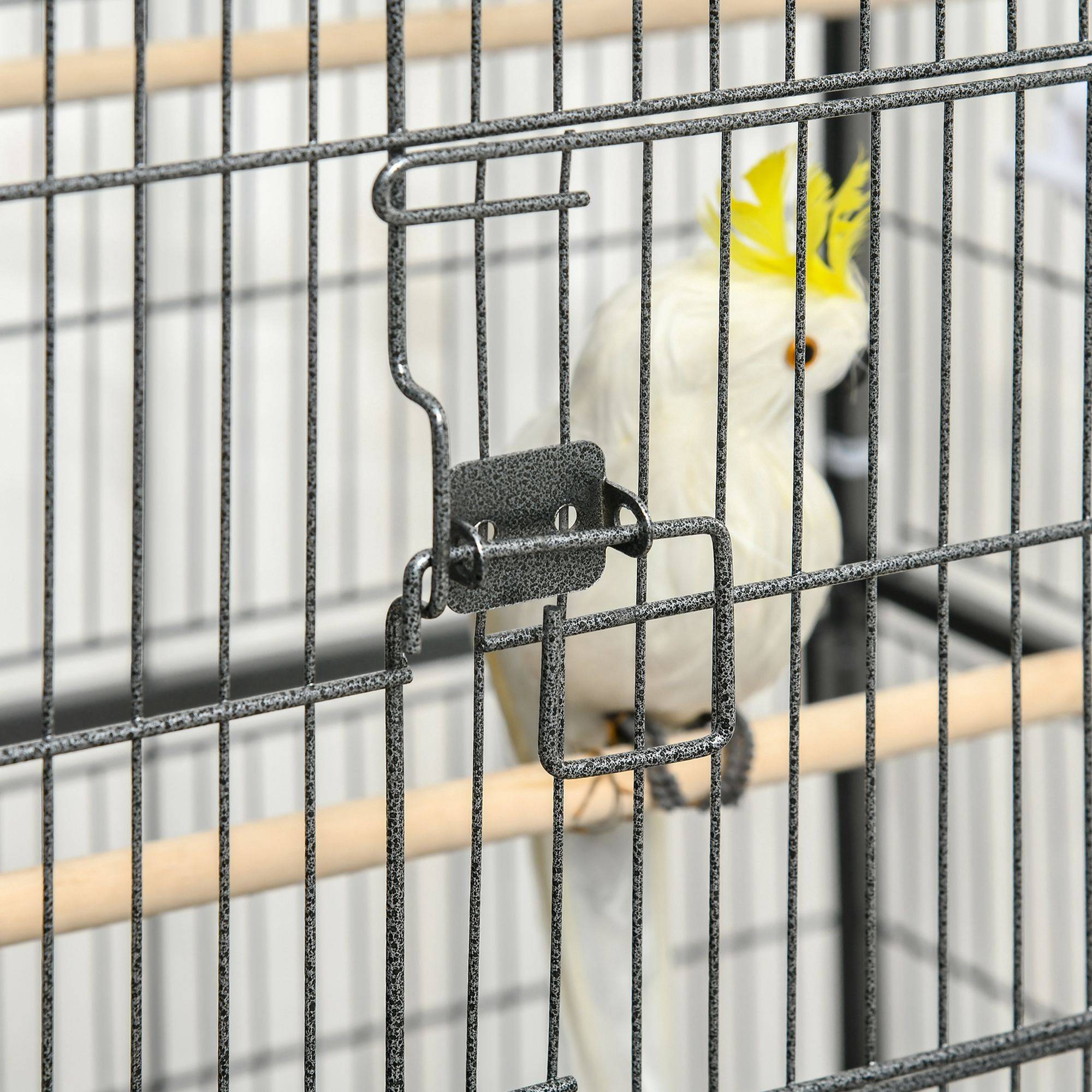 Cage à oiseaux sur roulettes 78x52x132 cm, plateau extractible et étagère, pour canaris et perruches, gris foncé - Image 10