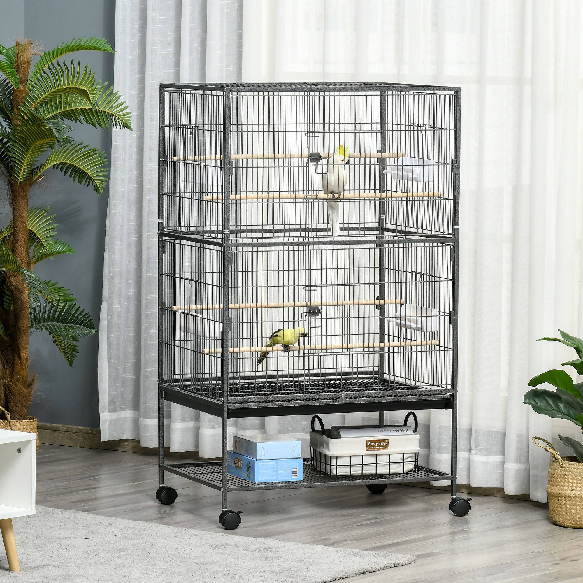 Cage à oiseaux sur roulettes 78x52x132 cm, plateau extractible et étagère, pour canaris et perruches, gris foncé - Image 4