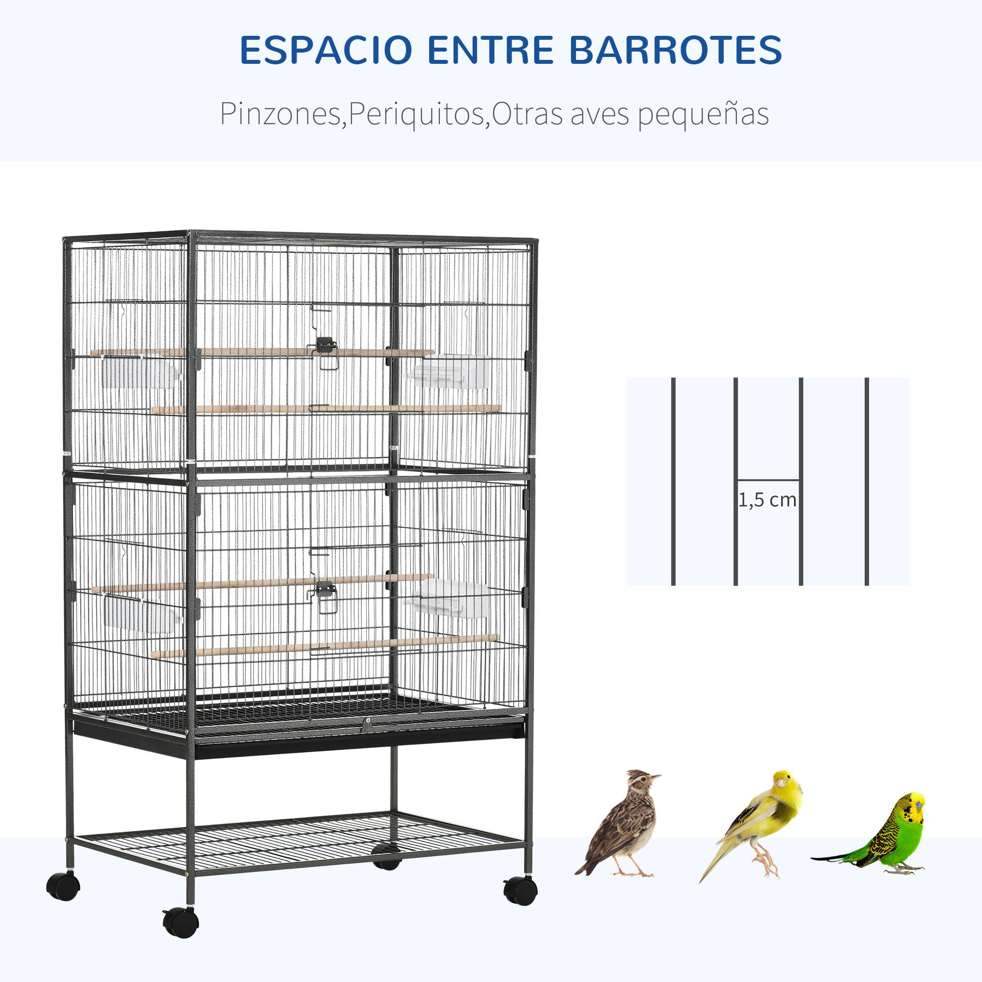 Cage à oiseaux sur roulettes 78x52x132 cm, plateau extractible et étagère, pour canaris et perruches, gris foncé - Image 8