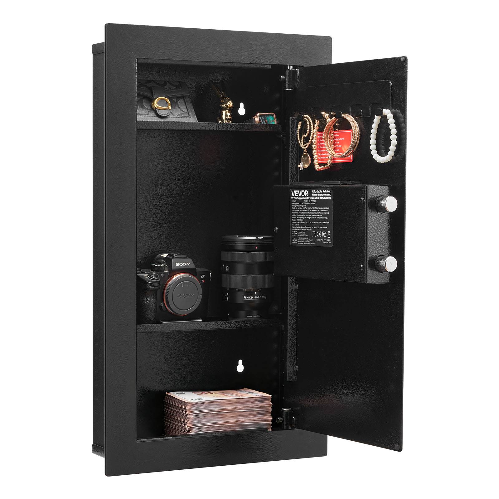 Vevor - VEVOR Coffre-fort mural encastrable 3 niveaux, acier 2,35 mm, ouverture par code et clé, boîtier secours USB, LED, 2 étagères réglables.