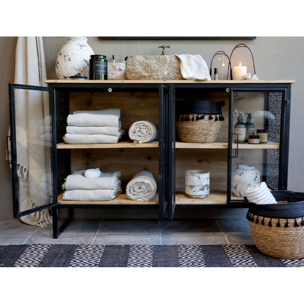 Chemin De Campagne - Buffet 4 portes en bois de sapin marron et fer noir 121 x 38 x 80 cm Chemin de campagne - Imagen 3