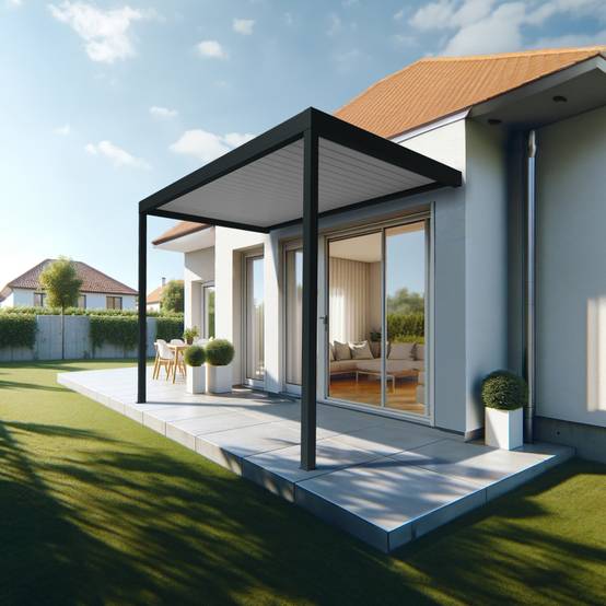 Pergola Bioclimatique AVANOA perpendiculaire 3,526x3,00 M Vérin à Télécommande (Gris anthracite / Blanc) - Alia Productions - Imagen 1