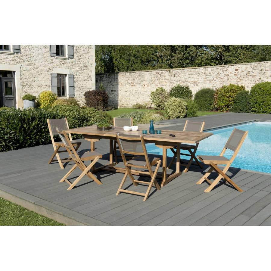 HARRIS - SALON DE JARDIN EN BOIS TECK 8/10 pers - 1 Table rectangulaire extensible 180/240*100 cm et 6 chaises taupe - Image 2