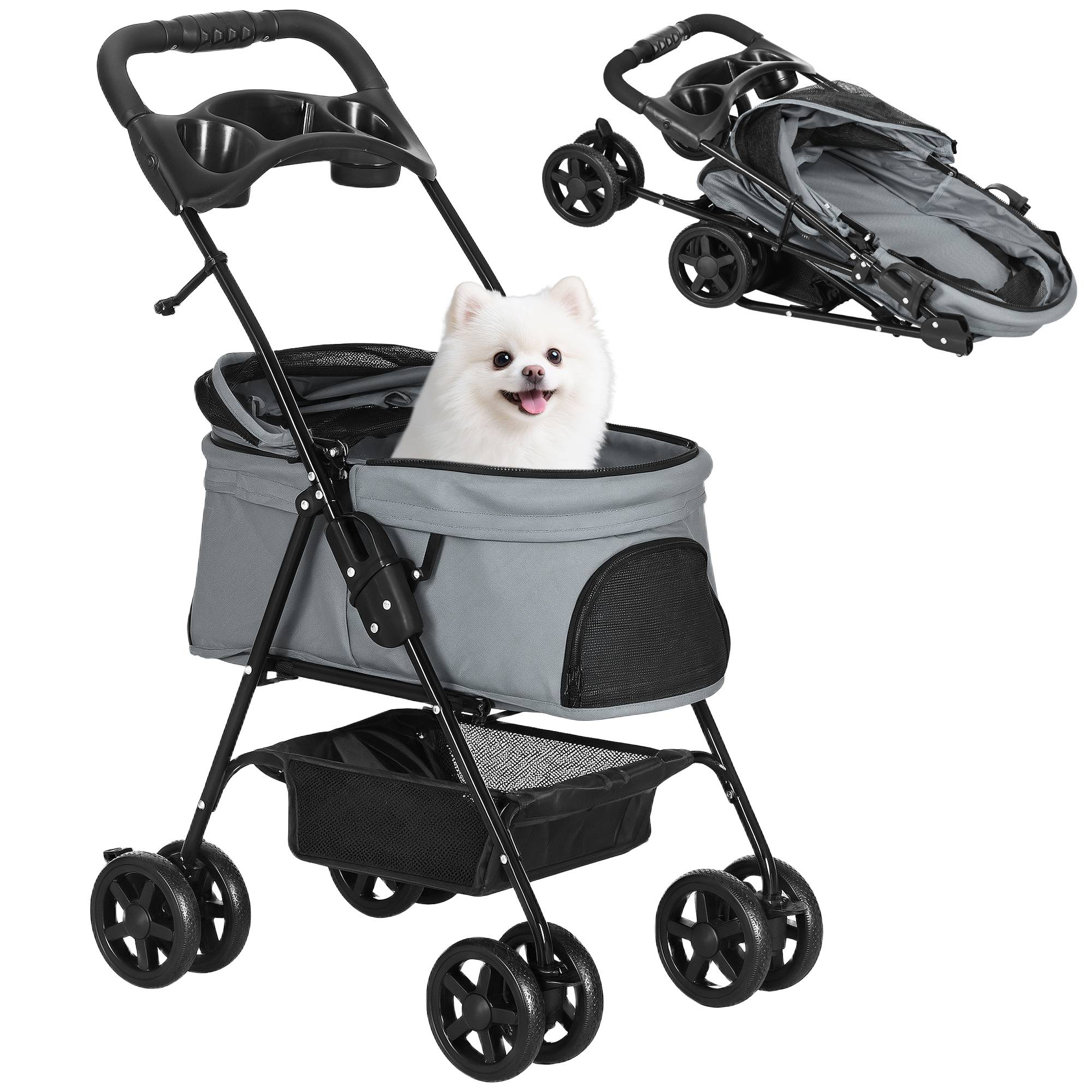 Poussette pour petit chien avec roues universelles, panier de rangement, sangles de sécurité et fenêtres, 67 x 45 x 96 cm, grise - Image 1
