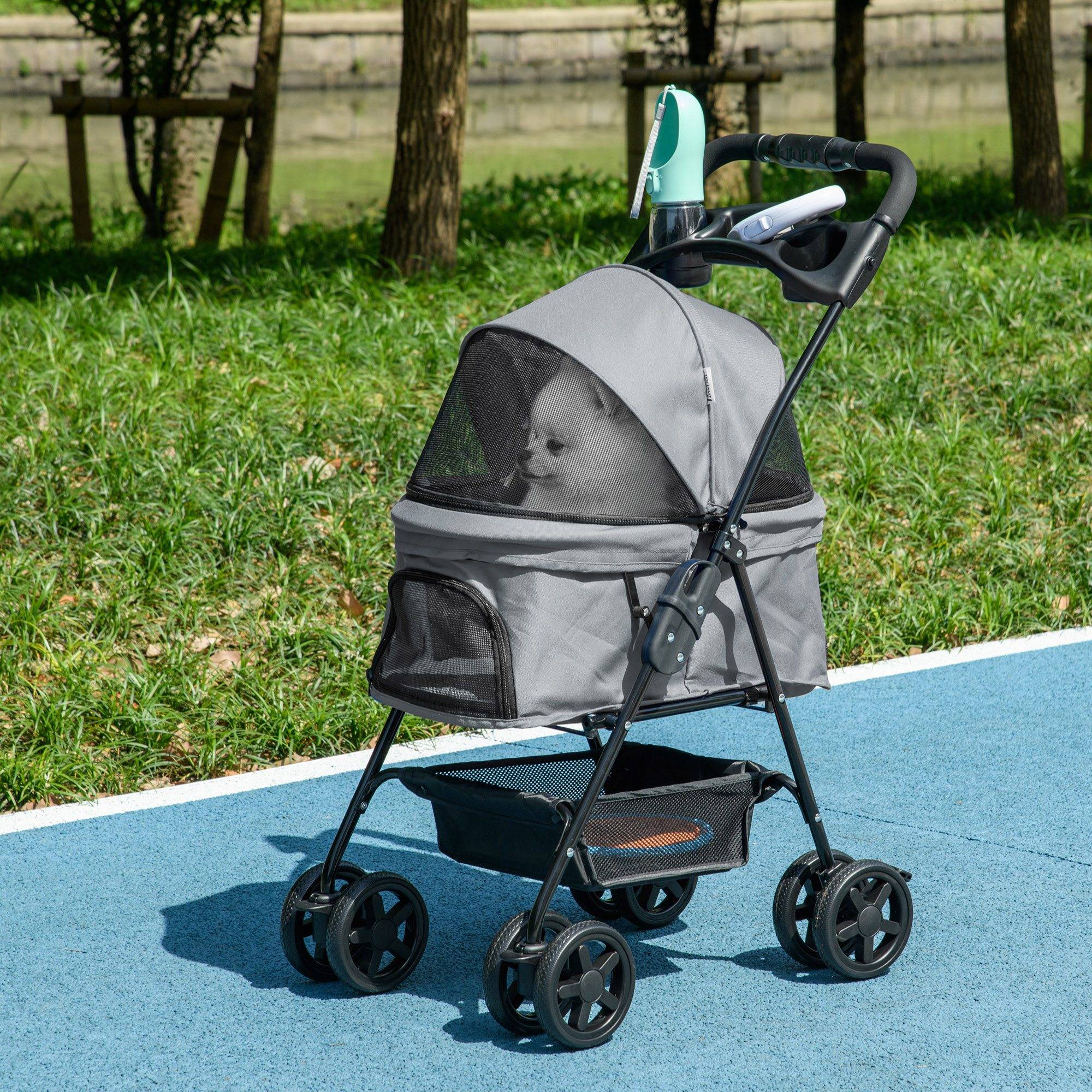 Poussette pour petit chien avec roues universelles, panier de rangement, sangles de sécurité et fenêtres, 67 x 45 x 96 cm, grise - Image 4
