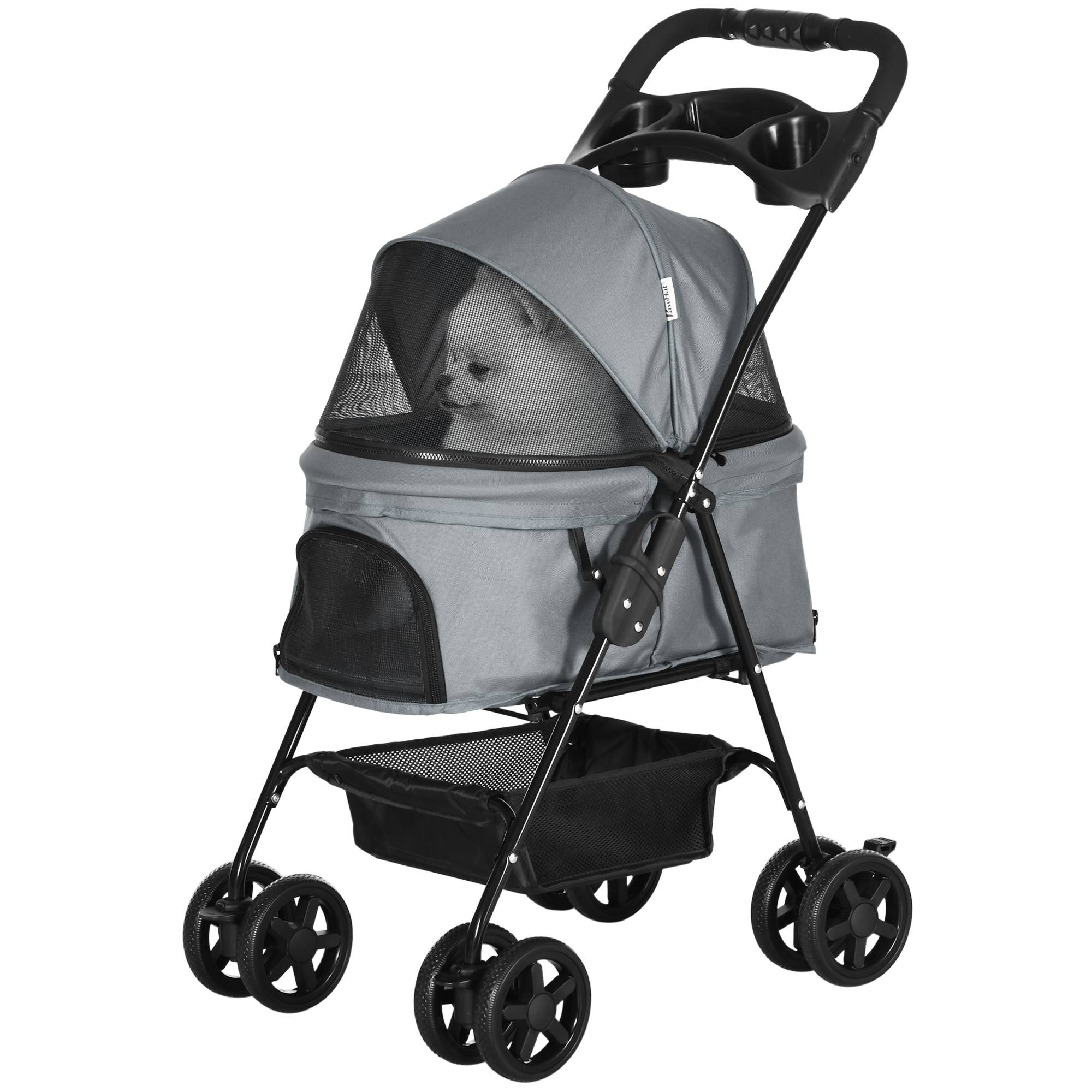 Poussette pour petit chien avec roues universelles, panier de rangement, sangles de sécurité et fenêtres, 67 x 45 x 96 cm, grise - Image 2