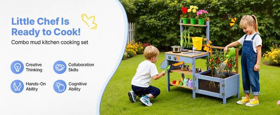 Vevor - VEVOR Cuisine à boue 99,5 cm pour enfant, bois de sapin, évier et réservoir d'eau, pots de plantation et accessoires inclus - Image 9