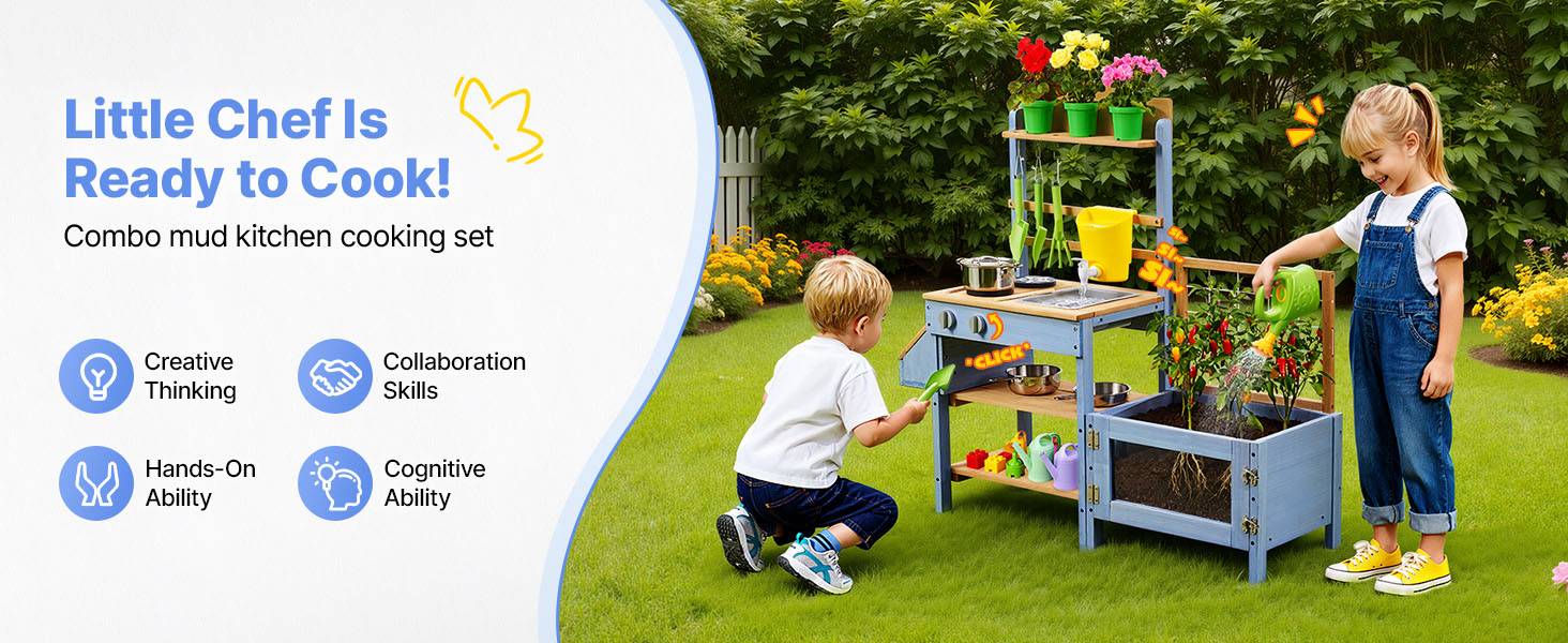Vevor - VEVOR Cuisine à boue 99,5 cm pour enfant, bois de sapin, évier et réservoir d'eau, pots de plantation et accessoires inclus - Image 9