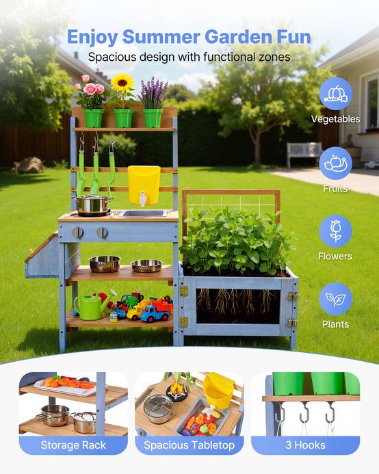 Vevor - VEVOR Cuisine à boue 99,5 cm pour enfant, bois de sapin, évier et réservoir d'eau, pots de plantation et accessoires inclus - Image 7