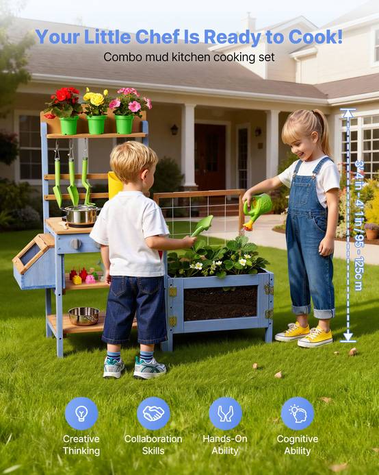 Vevor - VEVOR Cuisine à boue 99,5 cm pour enfant, bois de sapin, évier et réservoir d'eau, pots de plantation et accessoires inclus - Image 2