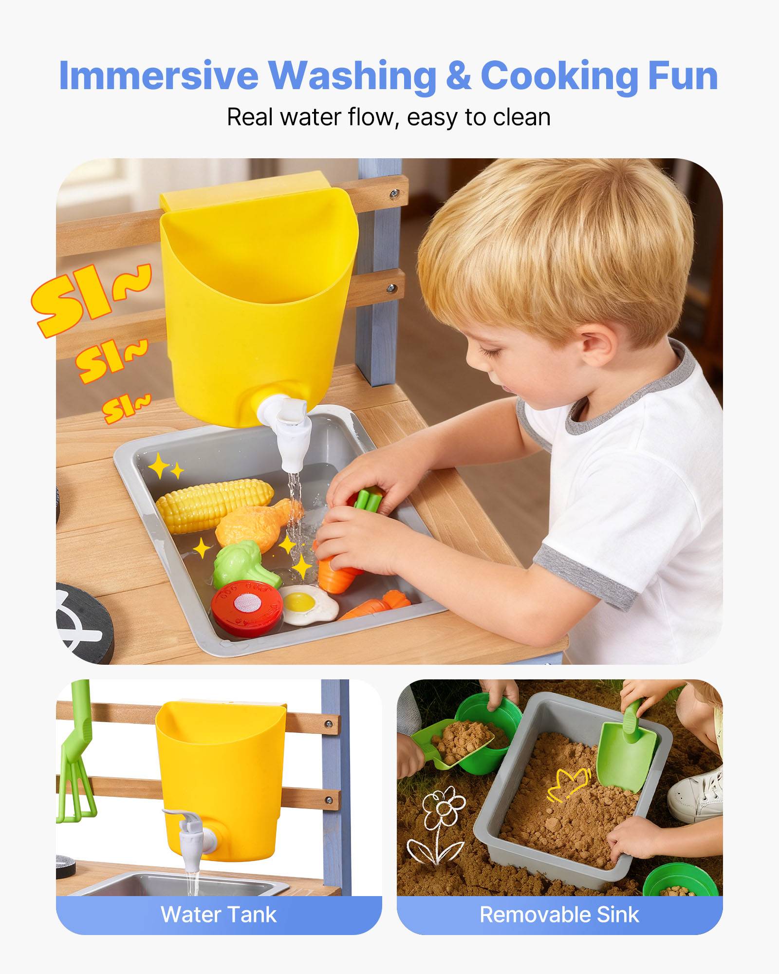 Vevor - VEVOR Cuisine à boue 99,5 cm pour enfant, bois de sapin, évier et réservoir d'eau, pots de plantation et accessoires inclus - Image 5
