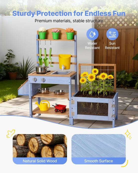 Vevor - VEVOR Cuisine à boue 99,5 cm pour enfant, bois de sapin, évier et réservoir d'eau, pots de plantation et accessoires inclus - Image 3