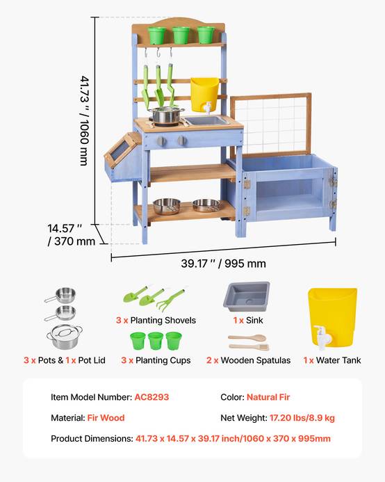 Vevor - VEVOR Cuisine à boue 99,5 cm pour enfant, bois de sapin, évier et réservoir d'eau, pots de plantation et accessoires inclus - Image 6
