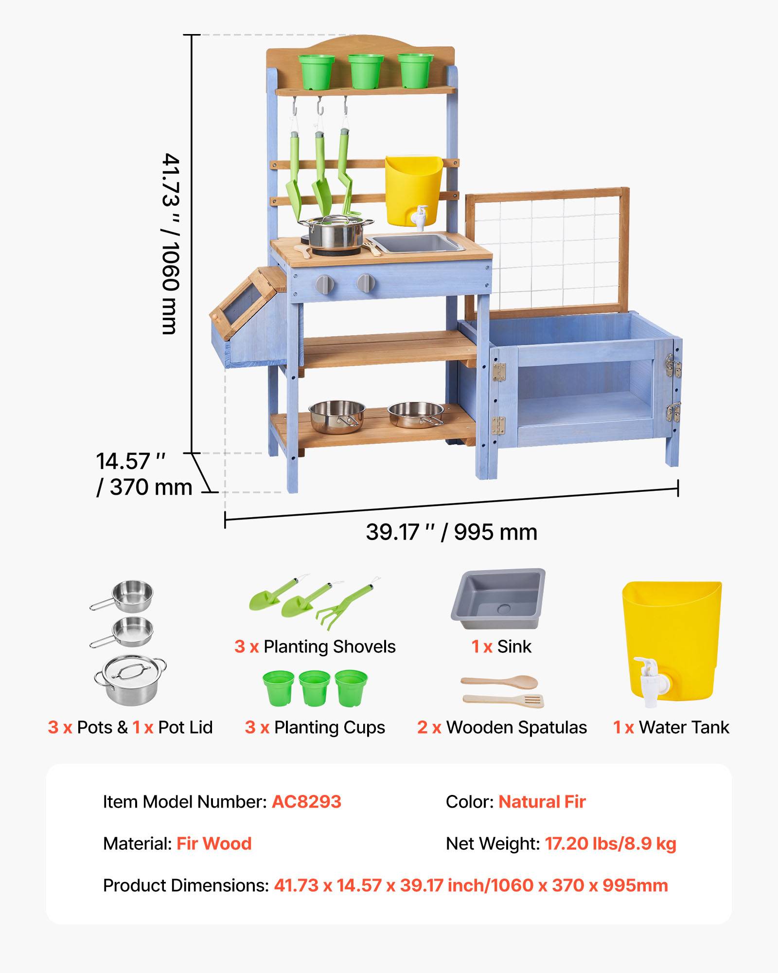 Vevor - VEVOR Cuisine à boue 99,5 cm pour enfant, bois de sapin, évier et réservoir d'eau, pots de plantation et accessoires inclus - Image 6