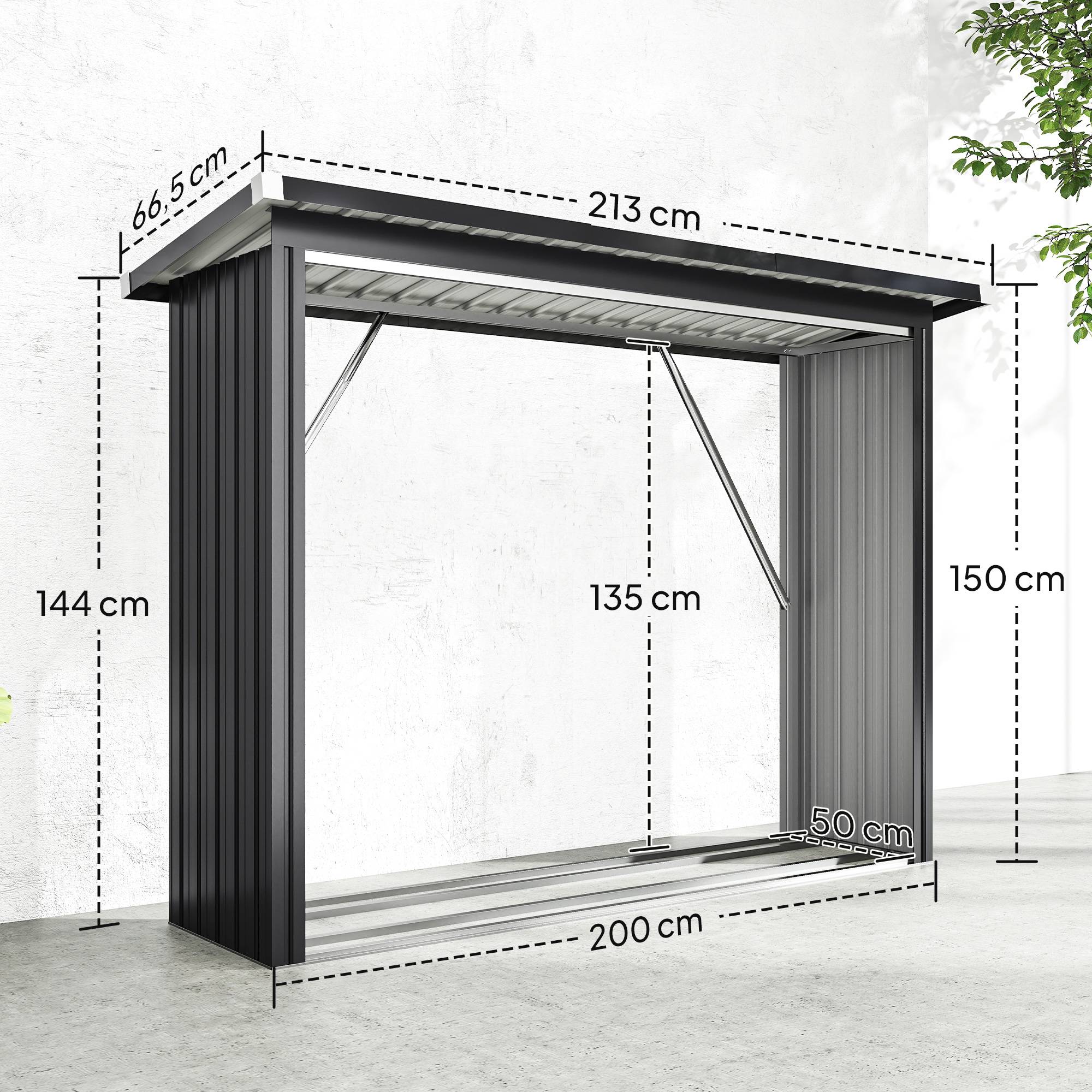 Abri à bois de chauffage, acier, plancher surélevé, toit incliné, 213x66,5x150 cm, gris foncé - Image 5