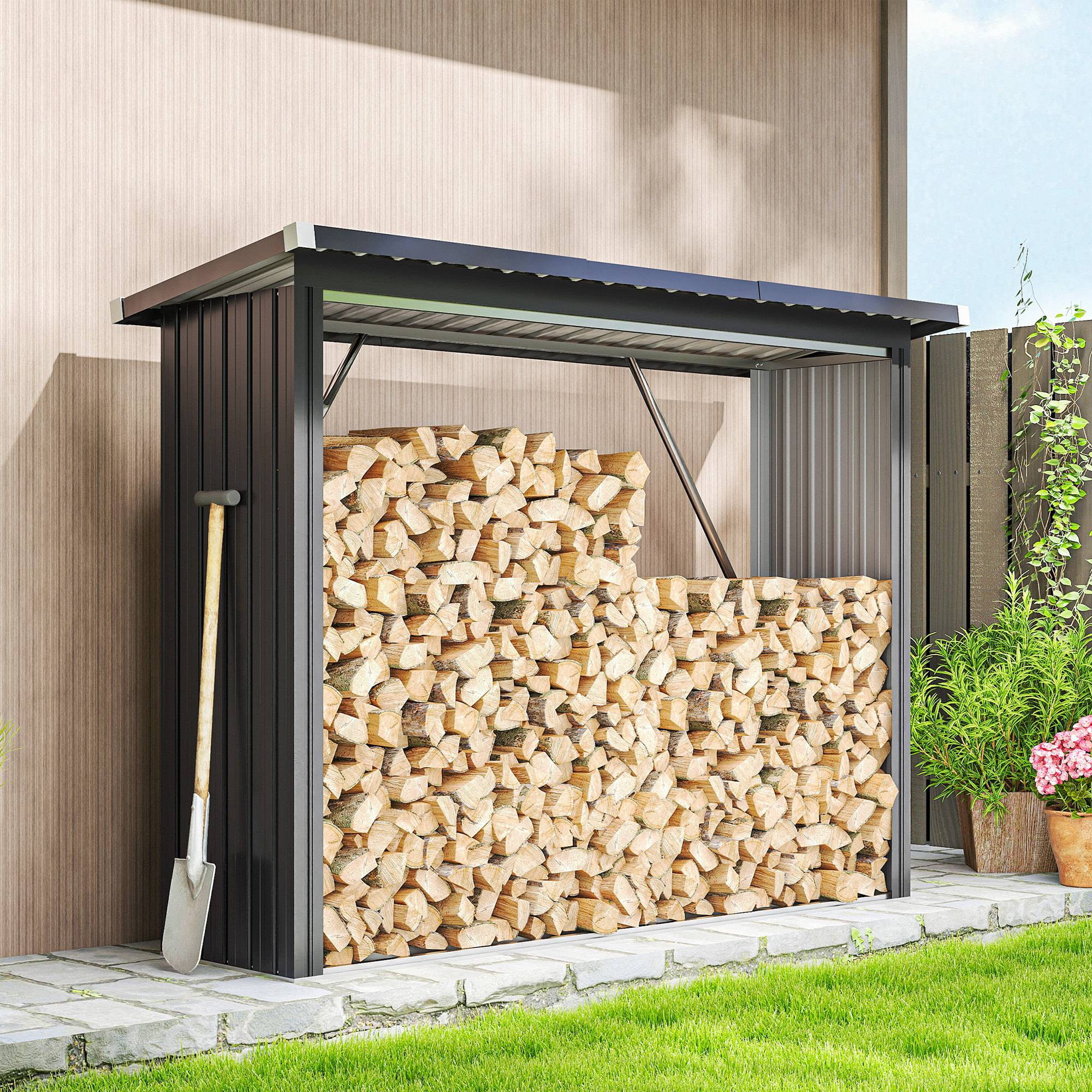 Abri à bois de chauffage, acier, plancher surélevé, toit incliné, 213x66,5x150 cm, gris foncé - Image 4